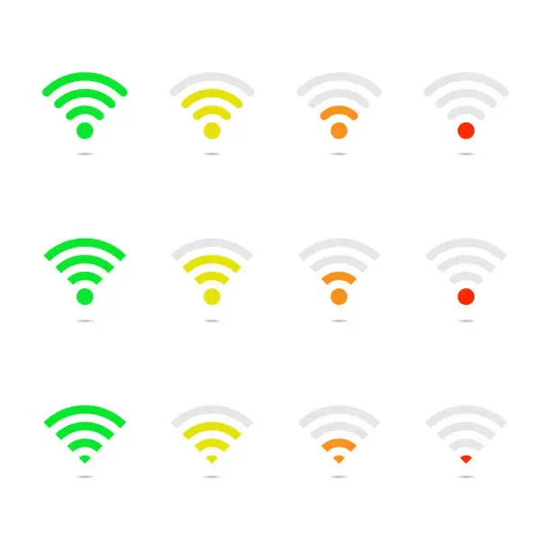 Vector illustration of Wi-fi signal strength on white template. Maximum, medium, minimum wireless strength signal. Connection antenna router. Green, yellow, orange, red indicator. High, low level signal. Free set. Vector.