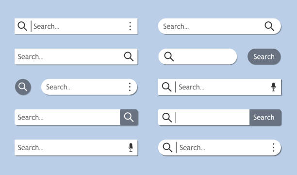 影のある青い背景に分離された白い検索バーのセット。インターネットを検索します。ボタン付きのサイト、アプリ、インターフェイスのメニュー。ウェブのドレスのための空の検索フレー� - box white blank computer software点のイラスト素材／クリップアート素材／マンガ素材／アイコン素材