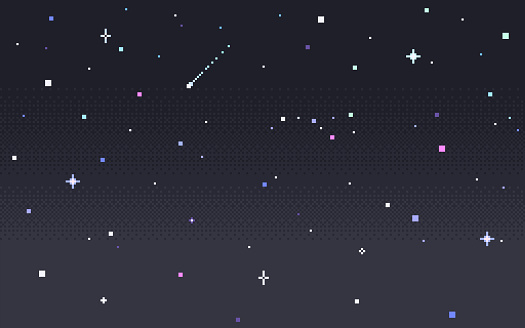 Pixel art star sky at night. Starry sky seamless backdrop. Vector illustration.