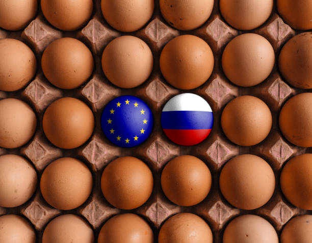 istock European Union EU and Russia Russian flags on eggs 1208374749