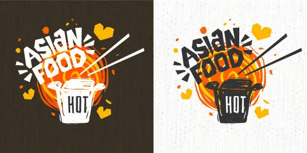 Vector illustration of Asian food menu logo, Hot noodle box, sticks, lettering, splash, drops, hearts, textured background logotype design.