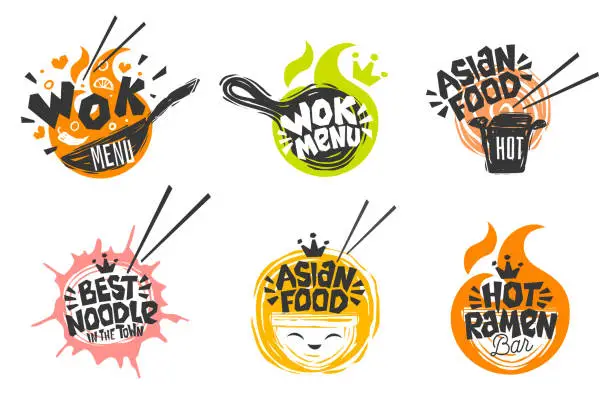 Vector illustration of Wok asian food logo, Wok pan, plate, box, sticks, lettering, pepper, vegetables, Cook wok dish noodle ramen fire background logotype design.