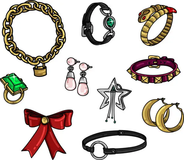 Vector illustration of Collection of jewelry. Chain necklace, medallion bracelet, golden snake cuff, emerald ring, ribbon brooch, pearl and hoop earrings, silver brooch, leather bracelet and choker.