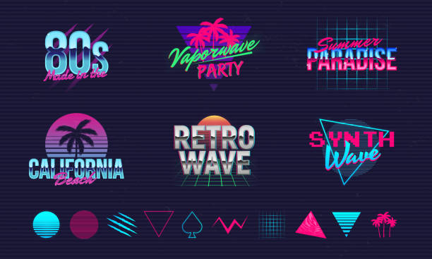 6 retro neonowe szablony i 10 modnych elementów do tworzenia własnego projektu. nadruk na t-shirt, baner, plakat, okładkę, plakietkę i etykietę. projekt typografii retro 80. ilustracja wektorowa - fashion stock illustrations