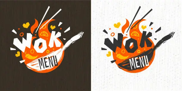 Vector illustration of Wok asian food logo, Wok pan, lettering, pepper, vegetables, Cook wok dish fire background logotype design. Hand drawn vector illustration