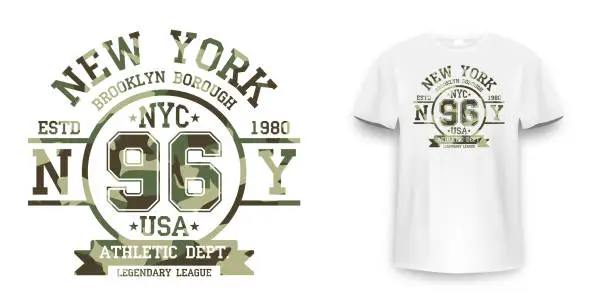 Vector illustration of T-shirt design in military army style with camouflage texture. New York City typography with slogan for shirt print. White t-shirt mockup with graphic print