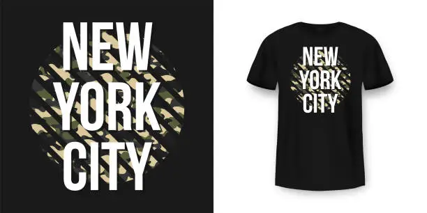 Vector illustration of T-shirt design in military army style with camouflage texture. New York City typography with slogan for shirt print. Black t-shirt mockup with graphic print