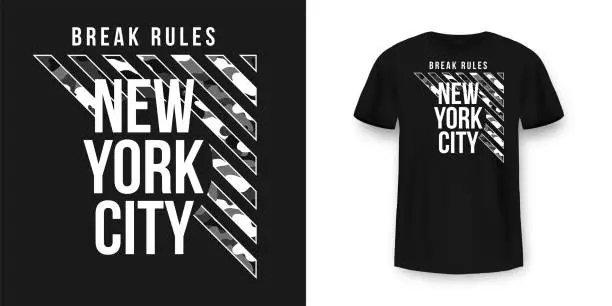 Vector illustration of T-shirt design in military army style with camouflage texture. New York City typography with slogan for shirt print. Black t-shirt mockup with graphic print