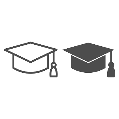 istock Student hat line and solid icon. Graduation black square cup. Education vector design concept, outline style pictogram on white background, use for web and app. Eps 10. 1208377320
