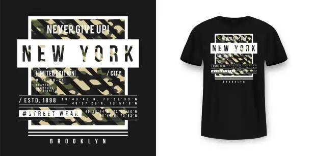 Vector illustration of T-shirt design in military army style with camouflage texture. New York City typography with slogan for shirt print. Black t-shirt mockup with graphic print