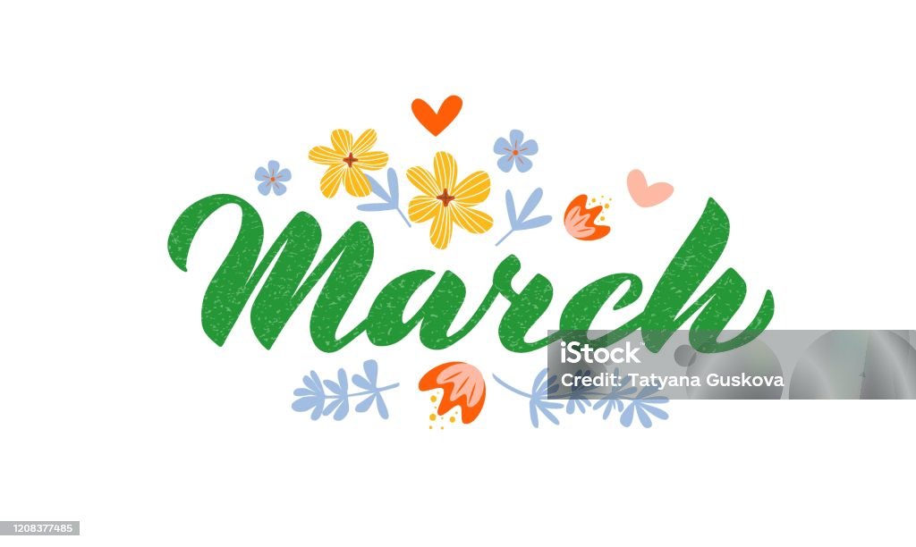 March - Hand drawn lettering March - Hand drawn lettering month name. Hand written month March for calendar, monthly logo, bullet journal or monthly organizer. Vector illustration isolated on white. EPS 10 March - Month stock vector