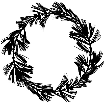 Black botanical elements isolated on white. Silhouettes of spruce pine branches, needles, sprigs and twigs. Tree elements set in tattoo style.
