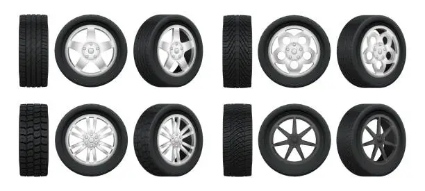 Vector illustration of Realistic tires. 3d auto tyres and alloy rims, car wheels with different tread patterns from side and front views, auto service vector set