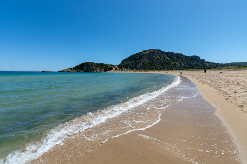 Sandy beaches of Peloponnese, white sand beach Voidokilias near small town Pylos, Greece