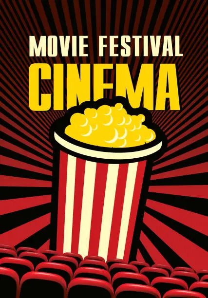 Vector illustration of cinema movie festival poster with popcorn bucket