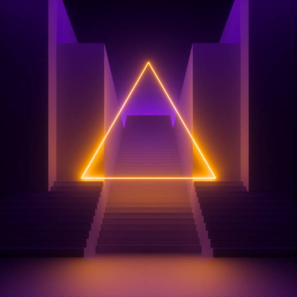 istock 3d render, abstract modern minimal violet background, yellow neon light glowing triangle, blank triangular frame. Empty staircase perspective, architectural portal entrance. Futuristic urban concept 1208381623