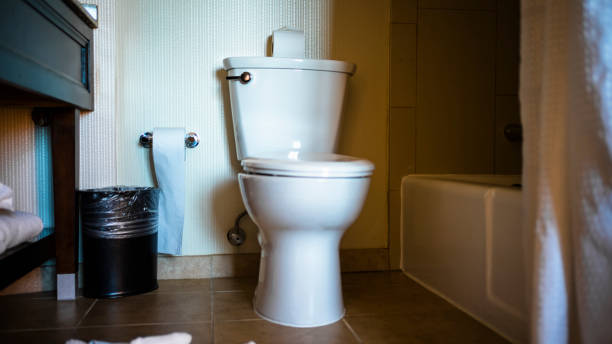 toilet bowl at a bathroom - toilet public restroom bathroom flushing imagens e fotografias de stock