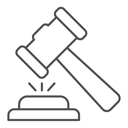 Judge hammer thin line icon. Court judges gavel or auction, attribute of justice. Jurisprudence vector design concept, outline style pictogram on white background, use for web and app. Eps 10