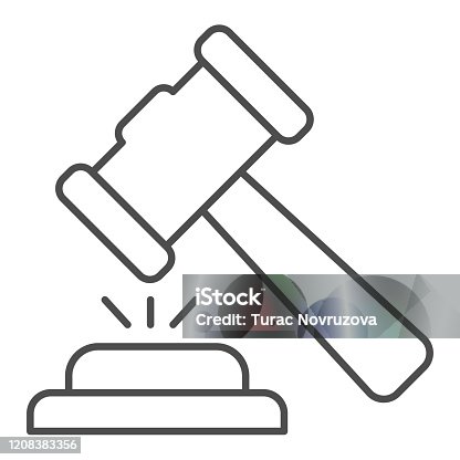 istock Judge hammer thin line icon. Court judges gavel or auction, attribute of justice. Jurisprudence vector design concept, outline style pictogram on white background, use for web and app. Eps 10. 1208383356