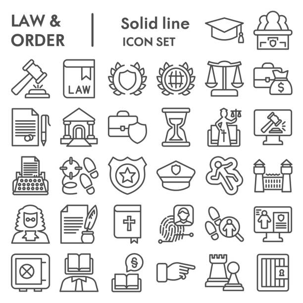ilustrações de stock, clip art, desenhos animados e ícones de jurisprudence line icon set, law and order collection, vector sketches, logo illustrations, web symbols, outlyne style pictograms package isolated on white background, eps 10. - intellectual property law patent book