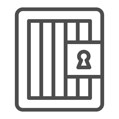 Prison door line icon. Jail gate, heavy metal frame. Jurisprudence vector design concept, outline style pictogram on white background, use for web and app. Eps 10