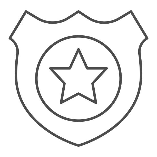 Policeman badge thin line icon. Emblem of a human rights defender, police officer. Jurisprudence design concept, outline style pictogram on white background, use for web and app. Eps 10. Policeman badge thin line icon. Emblem of a human rights defender, police officer. Jurisprudence design concept, outline style pictogram on white background, use for web and app. Eps 10 police badge illustrations stock illustrations