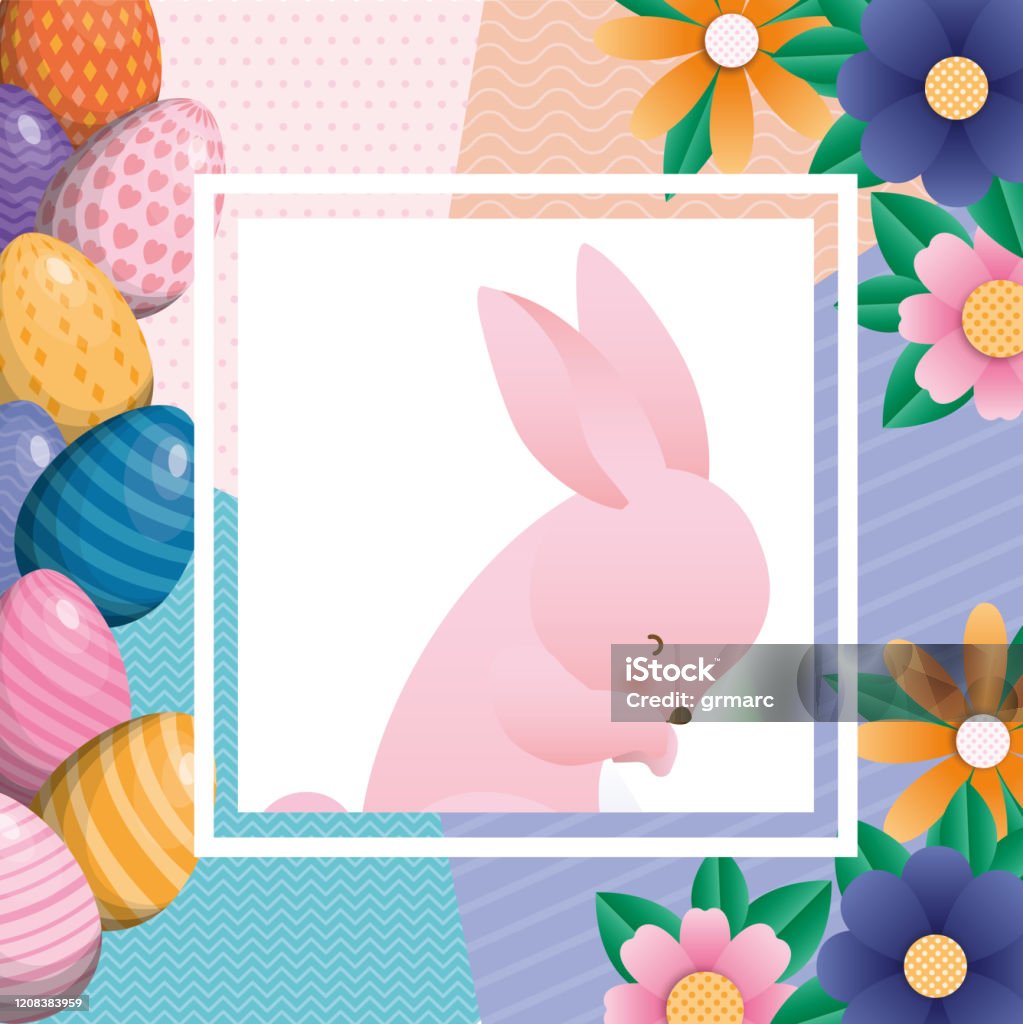 Easter Frame Rabbit Happy Easter Rabbit Inside Flowers And Eggs Frame Vector Design Stock ...