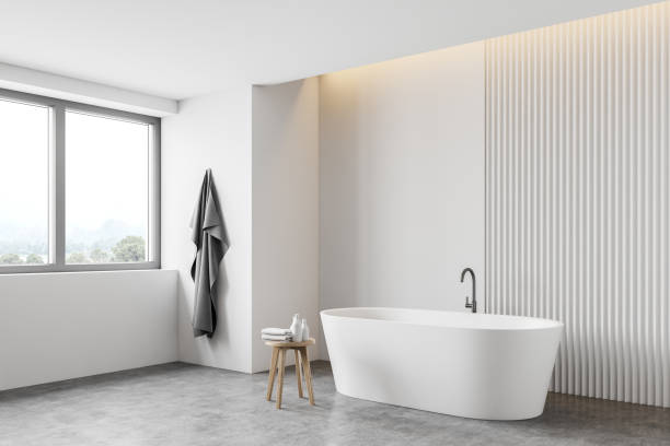 istock White loft bathroom corner with tub 1208385416