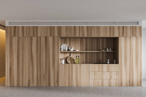 istock Wooden kitchen interior with countertops 1208385472