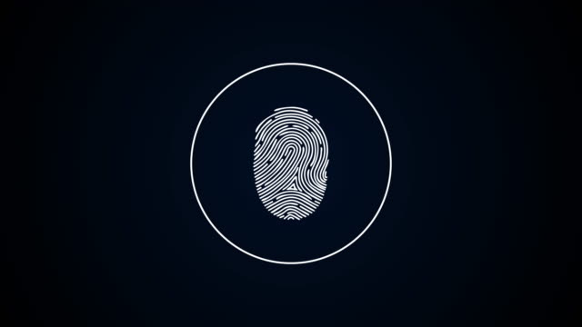 Digital fingerprint sign. Animation. Touch fingerprint on dark background. Pulsating circles indicate fingerprint to unlock or grant access