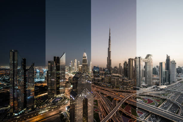 vista aerea dello skyline di dubai, transizione giorno a notte - sequenza giorno e notte foto e immagini stock