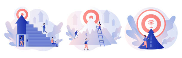Efforts to achieve target. Perseverance, Challenge, Career and personal growth. Tiny people businessmen running towards the goal. Modern flat cartoon style. Vector illustration on white background Efforts to achieve target. Perseverance, Challenge, Career and personal growth. Tiny people businessmen running towards the goal. Modern flat cartoon style. Vector illustration steps illustrations stock illustrations