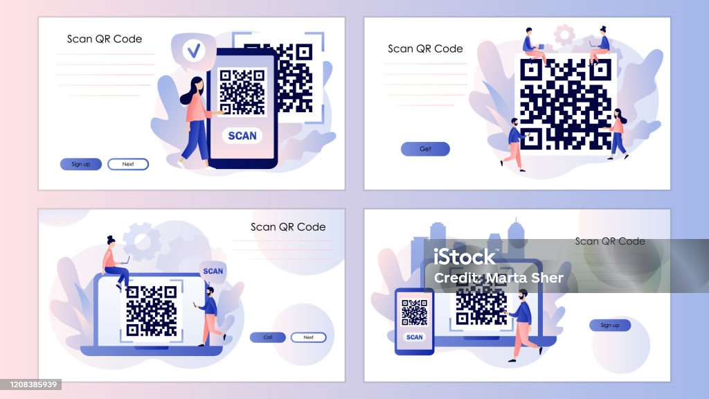 String Qr Konsep Pemindaian Qr Code Orang Kecil Memindai Kode Menggunakan ...
