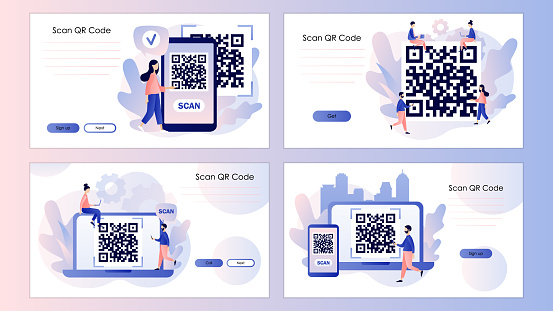Canvas Qr Code Smartscreen Qr Code Scanning Concept Tiny People Scan Code Using Smartphone Screen ...
