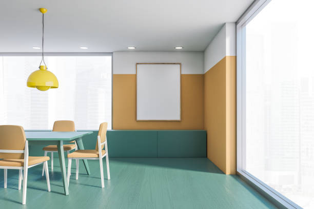 istock Beige and green dining room interior with poster 1208385944