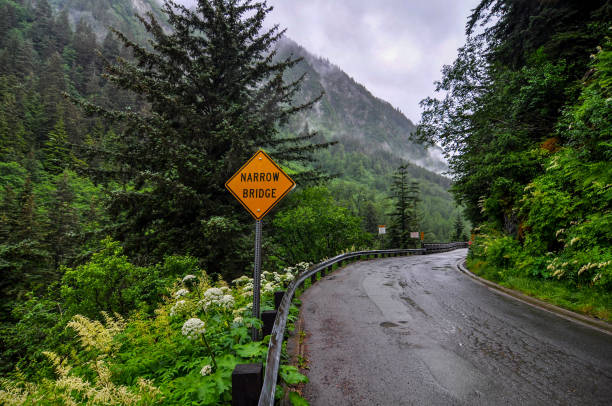 istock road with an warning sign on the forest in Alaska 1208386123