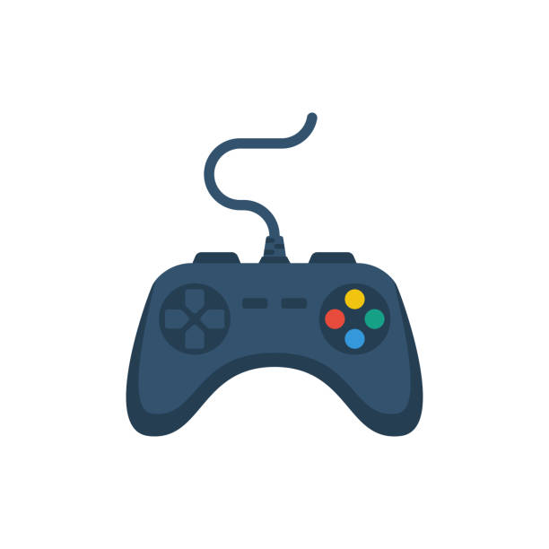 ilustraciones, imágenes clip art, dibujos animados e iconos de stock de icono plano con joystick. jugando en línea. icono de dibujos animados gamepad. controlador de juego. - control