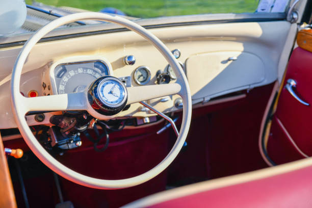 istock Vintage retro car interior with wheel and dashboard 1208386862