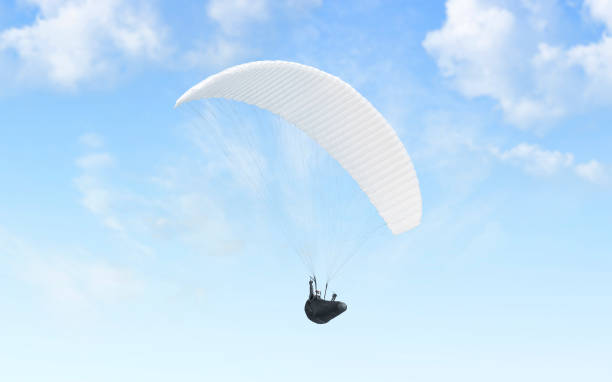 Blank white paraglider with person in harness mockup, sky background Blank white paraglider with person in harness mockup, sky background, 3d redering. Empty free-flying paragliding on heaven mock up, bottom view. Clear skydiving airplane for experience mokcup template. airfoil photos stock pictures, royalty-free photos & images