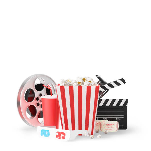 istock Popcorn, clapper and film reel on white, mock up 1208387788