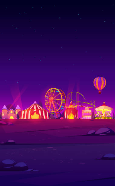 Smartphone background with night carnival funfair Smartphone background theme with carnival funfair at night. Vector template for mobile phone screen saver with dark landscape with illuminated circus and amusement park fun ride stock illustrations