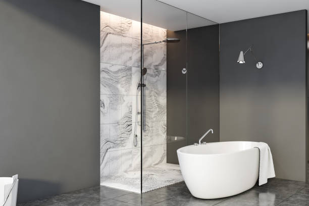 istock Grey and marble bathroom corner, shower and tub 1208390369