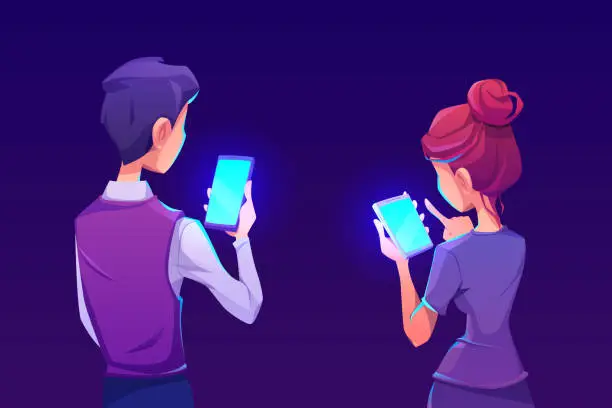 Vector illustration of People using smartphone app back view
