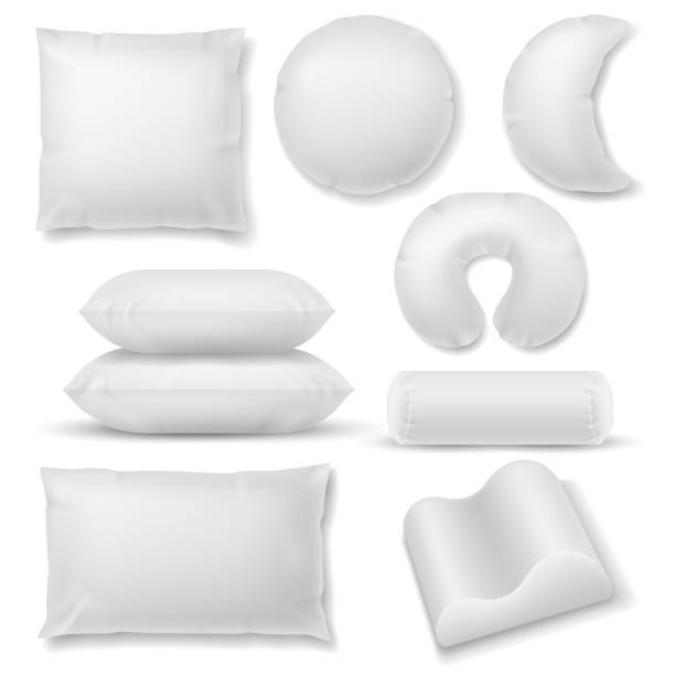 illustrations, cliparts, dessins animés et icônes de oreiller réaliste. oreillers blancs mous de forme différente, coussins orthopédiques de confort pour le sommeil et le modèle de repos pour l’ensemble sain de vecteur de sommeil pour l’ensemble sain de vecteur de sommeil - pillow