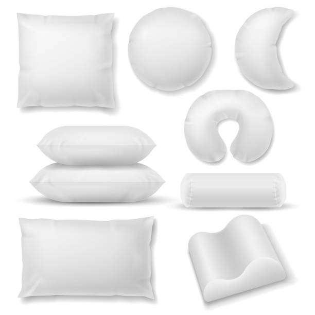 Realistic pillow. Different shaped soft white pillows, comfort orthopedic cushions for sleep and rest template for healthy sleeping vector set Realistic pillow. Different shaped soft white pillows, comfort orthopedic textile cotton cushions for sleep and rest template for healthy sleeping vector set bean bag illustrations stock illustrations
