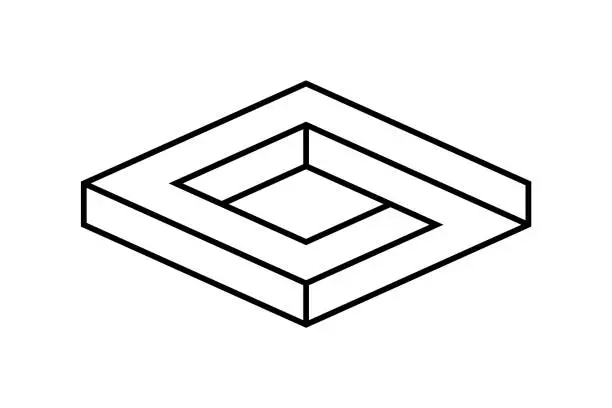 Vector illustration of Impossible box shape. Optical illusion. Linear infinite rhombus figure. Abstract eternal geometric object.