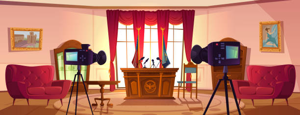 Empty conference room for president negotiations Empty conference room for presidents or government negotiations with tribune, microphones and flags of United States and another country, photo video cameras look on table Cartoon vector illustration senate stock illustrations