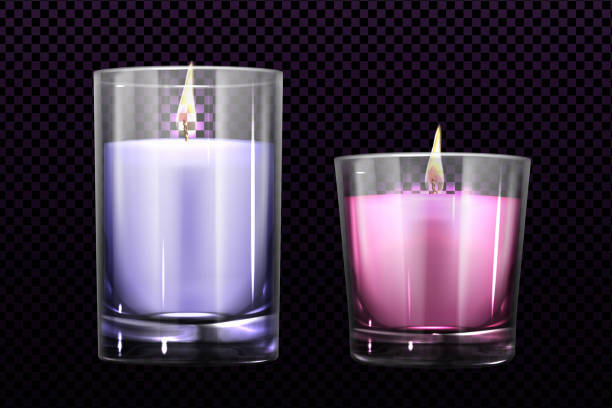 Burning candles in glass jars set isolated clipart Burning candles in glass jars set isolated on transparent background. purple and pink colored elements for festive divali, Christmas holiday or romantic decor realistic 3d vector illustration clip art diwali home stock illustrations