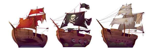 schiffe nach schiffswrack, alte kaputte segelboote - piratenschiff stock-grafiken, -clipart, -cartoons und -symbole