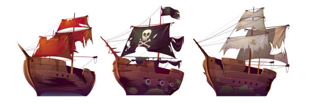 Ships after shipwreck, old broken sail boats Ships after shipwreck, old broken sail boats. Vector cartoon abandoned or sunken galleon, pirate vessel with black flag and skull after sea battle isolated on white background old ship cartoon stock illustrations